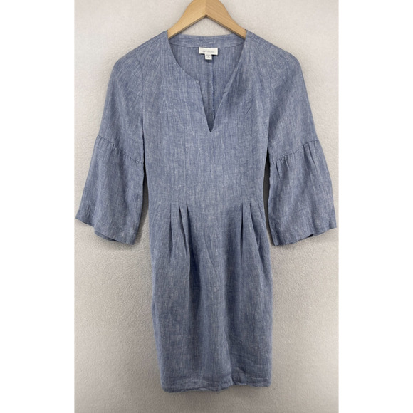 J. Jill Dresses & Skirts - J. JILL Dress XS Love Linen Cross Dyed V-Neck Bell Sleeve Tunic Blue Mini Dress